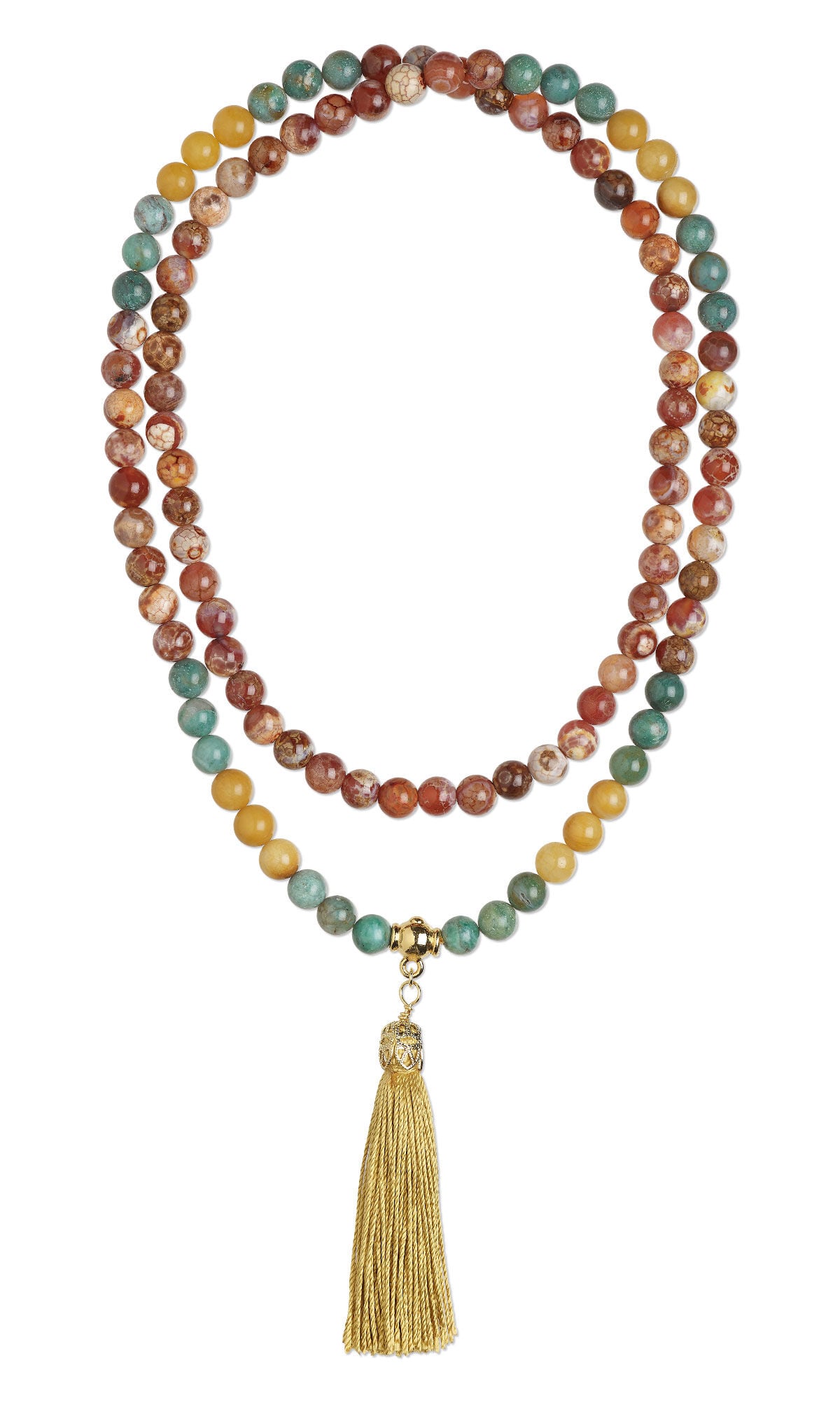 Design Idea S G 2 N &ndash; Necklace consists of two strands of multicolored round gemstone beads. A central gold bead has a gold silk tassel hanging beneath it.