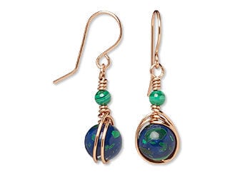 Earrings with azurite-malachite gemstone beads and wirework