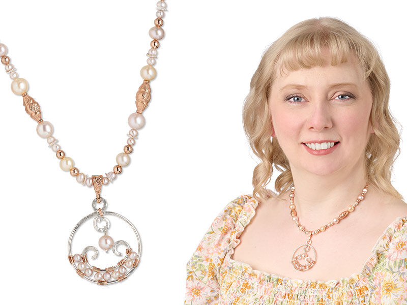 An image of a model wearing a pearl necklace