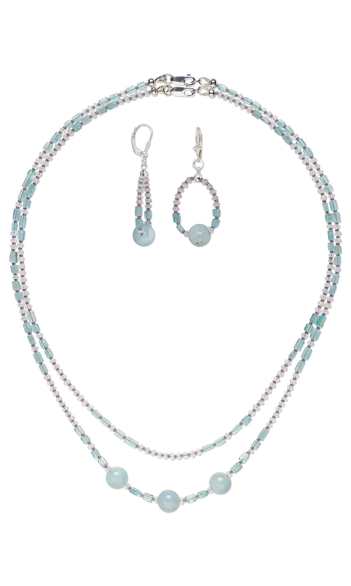 Design Idea K 6 0 L &ndash; Long double-strand necklace features tiny aquamarine bead alternating with pale purple seed beads. At intervals there are larger pale blue gemstone beads in rectangle and rondelle shapes. Earrings are similarly beaded hoops attached to a sterling silver leverback earring.