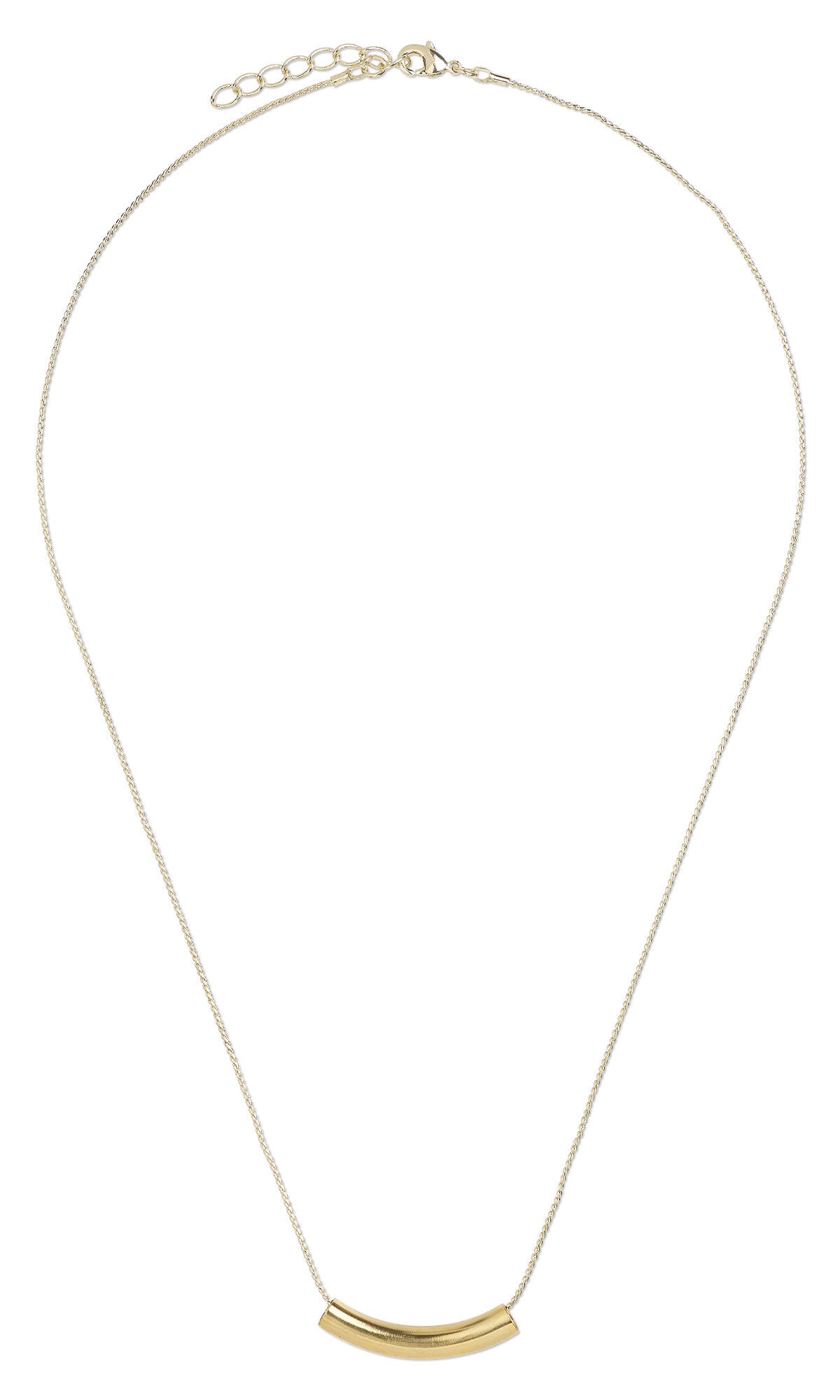 Design idea S J 2 7 &ndash; Gold chain holds a single gold-plated curved tube bead that looks like a piece of macaroni.