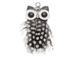 Black and white owl pendant with black feathers with white spots for the body