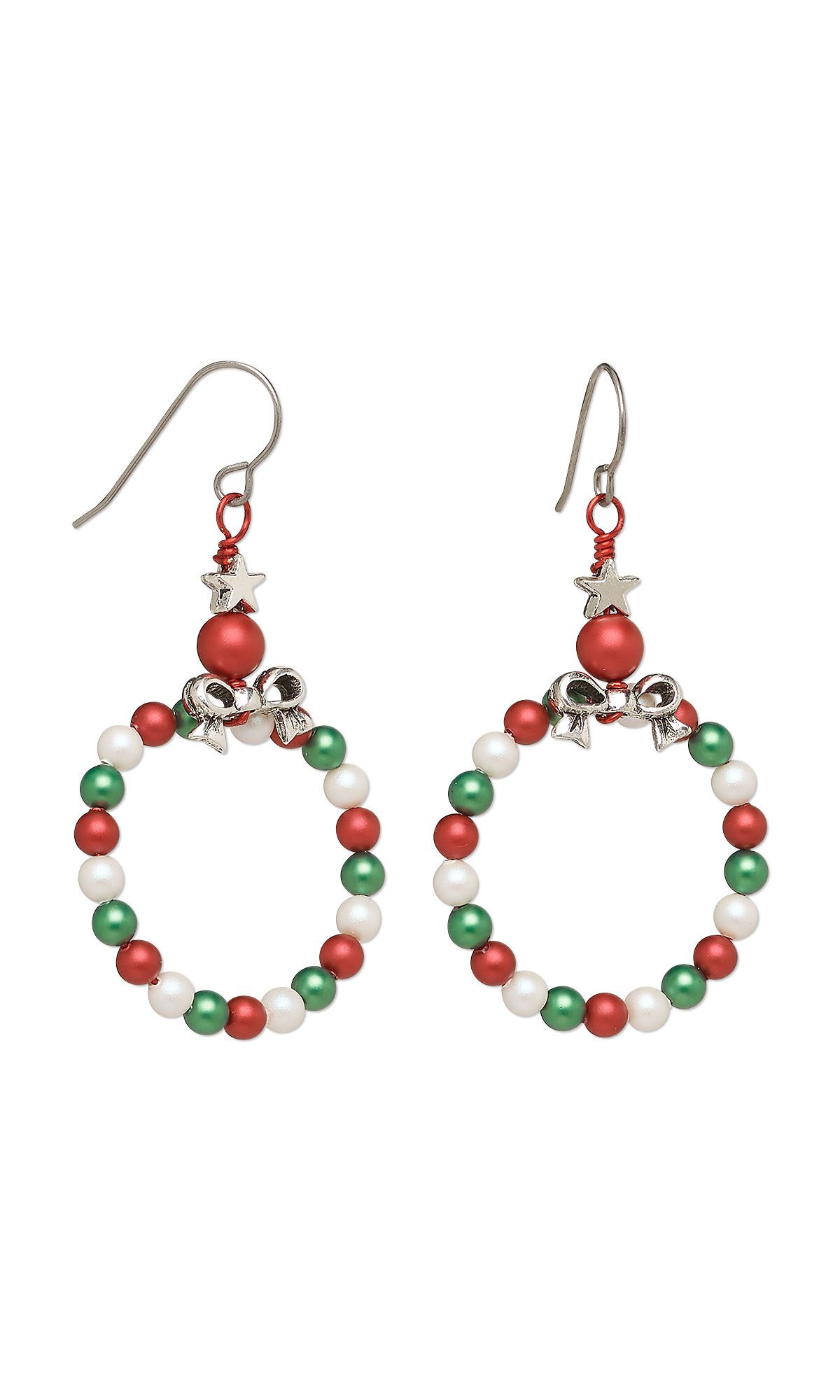 Design Idea R J 3 9 - Christmas earrings have a wreath of red, green and white pearl beads topped by a silver bow, round red bead and silver star.