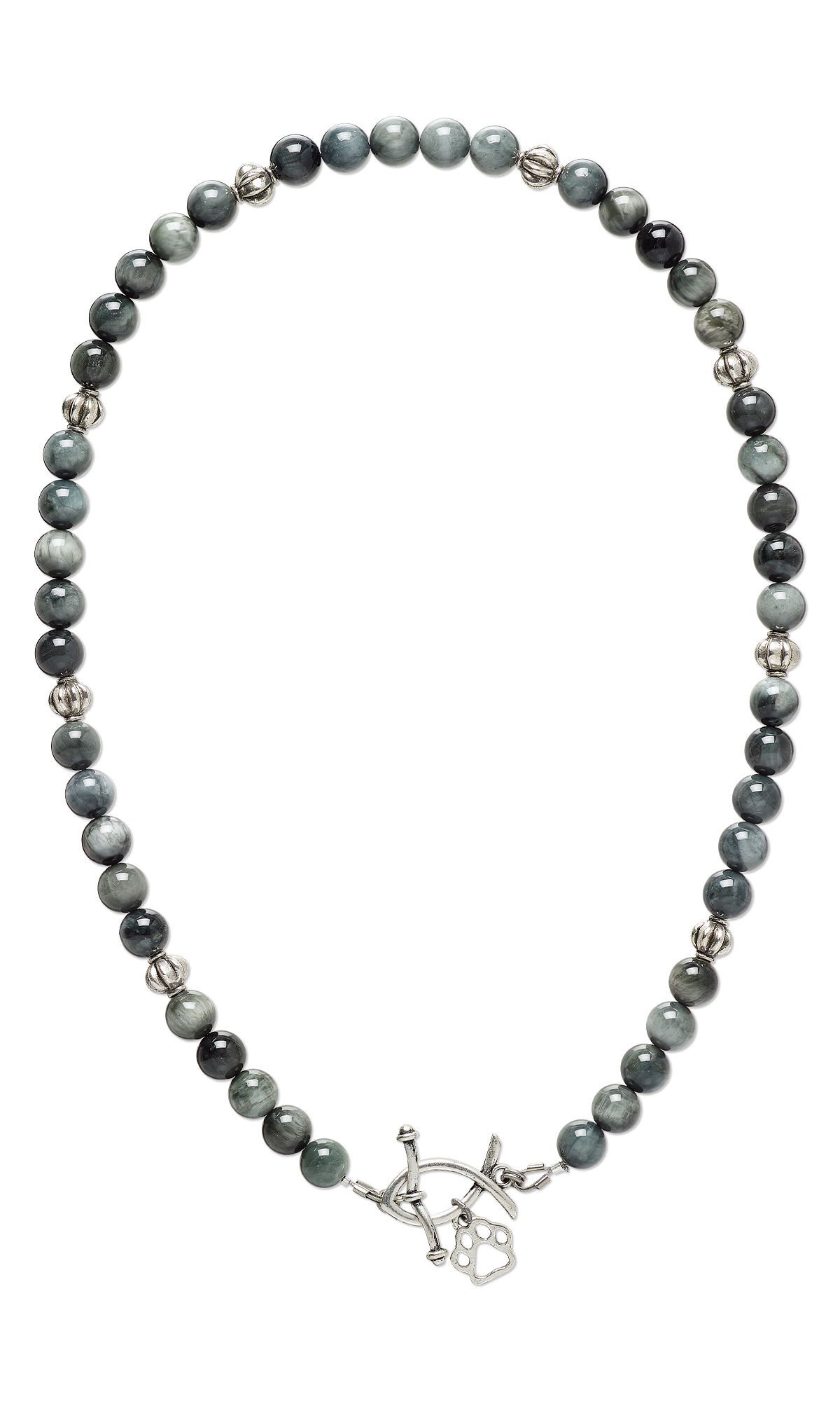 Necklace of glossy grey-toned beads with a silver front clasp in the shape of a Christian fish and a paw print charm.