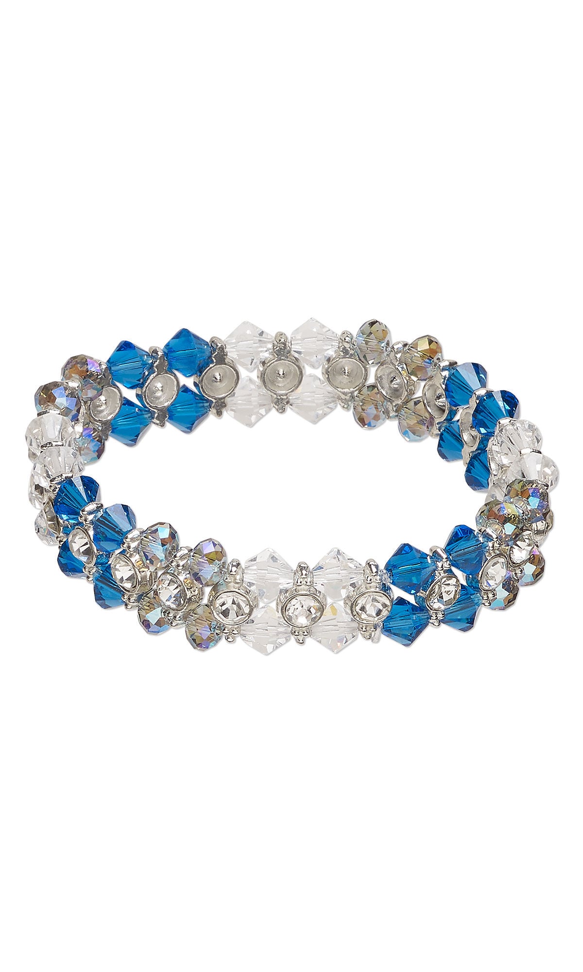 Design Idea S F 2 K, a stretch bracelet featuring Capri blue and crystal Crystal Passions&reg; bicones accented with black diamond shimmer rondelles and silver-plated rhinestone spacer components strung on clear Powercord&reg; elastic.