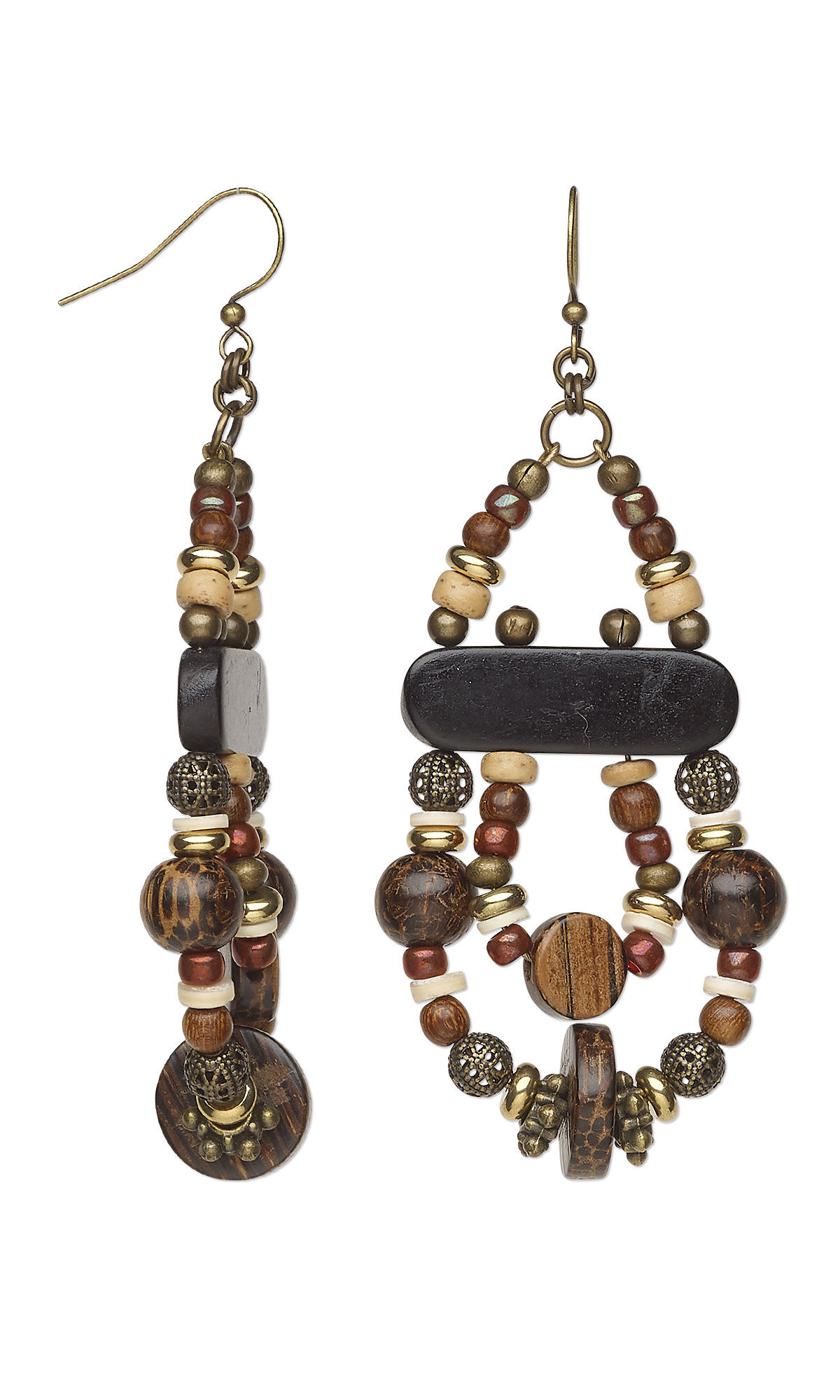 Design Idea S B 3 5 &ndash; Earrings feature a teardrop shaped loop of wooden, shell, and antique gold-plated beads. A black spacer runs horizontally through the center, and a second teardrop loop of beads hangs from it, inside the first loop.
