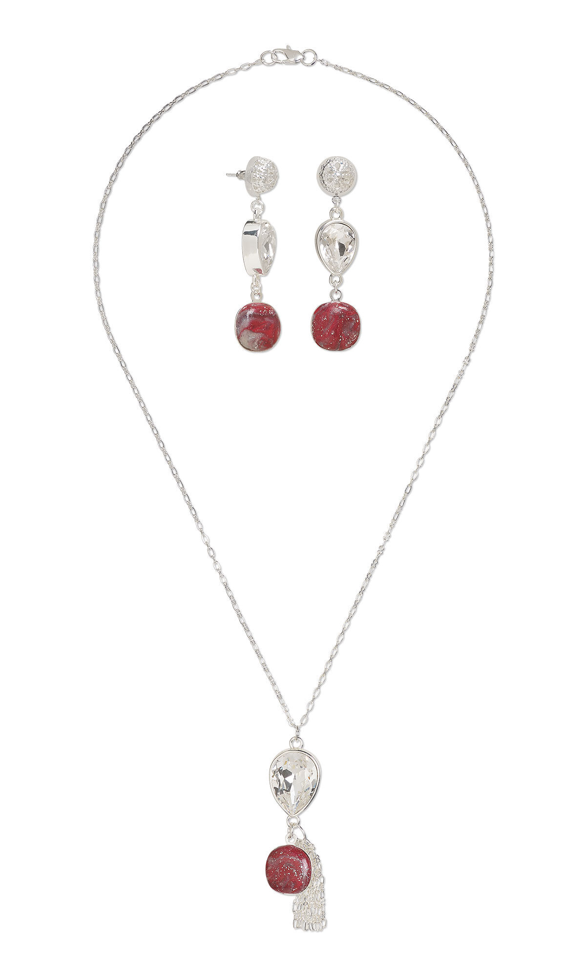 Design Idea R N 2 B - Necklace on a silver chain has a pendant of an upside-down teardrop set with clear crystal. The pendant has several strands of chain and a red polymer clay drop hanging beneath it. Earrings have similar pendants, but without the chain.