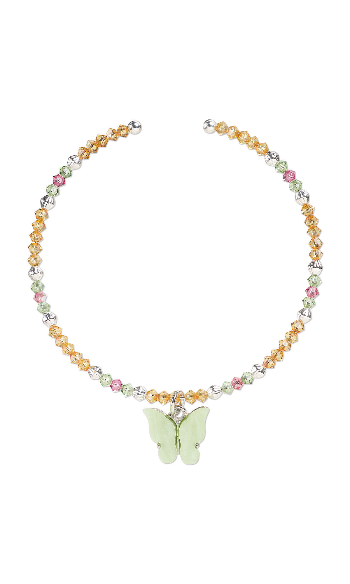 Design idea R J 2 N is a beaded memory-wire bracelet with faceted pink, green and orange crystals, silver-plated beads and an iridescent butterfly charm.