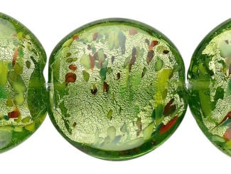 Green lampworked glass flat round beads with red and yellow spatters