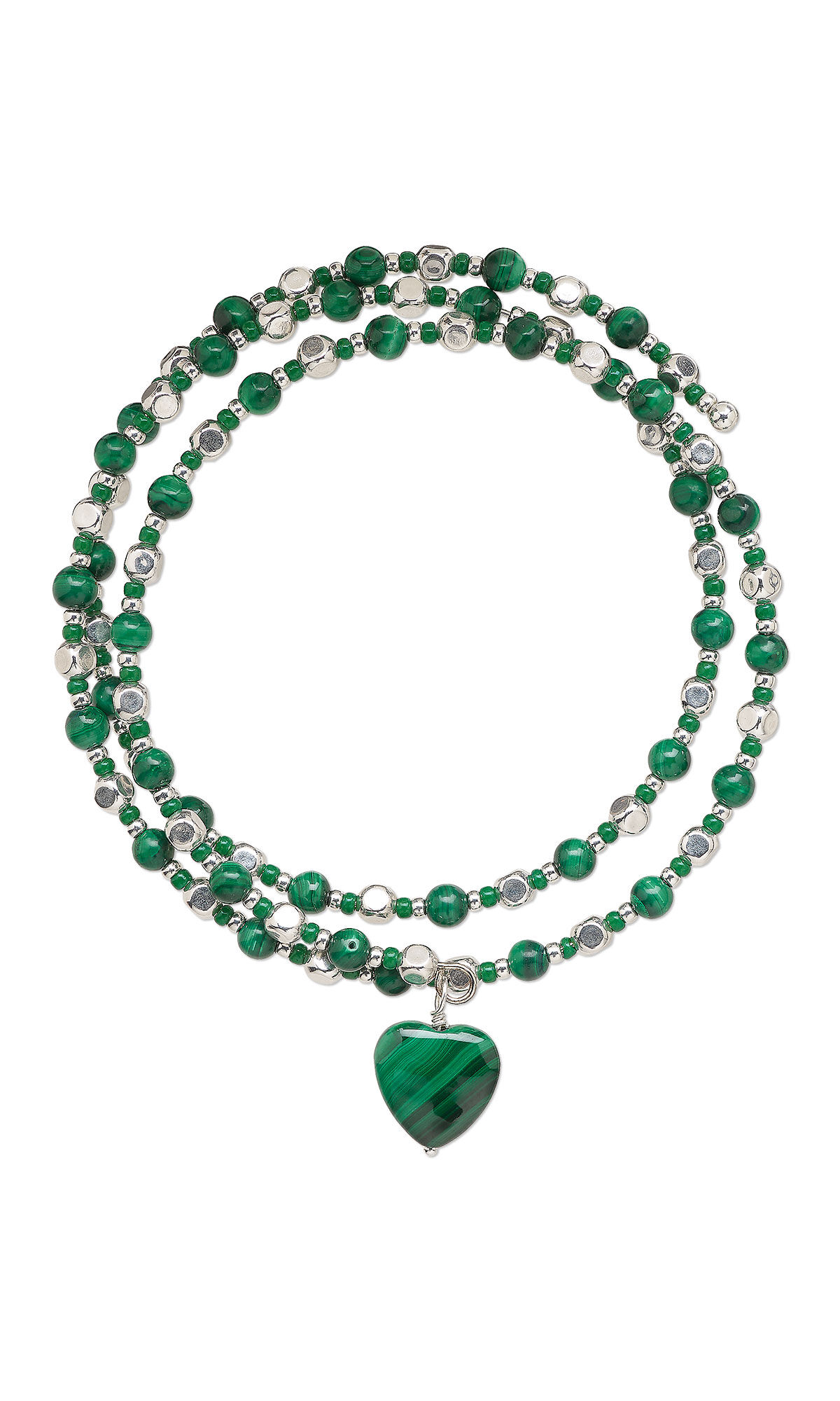 bracelet with silver metal beads and green malachite beads