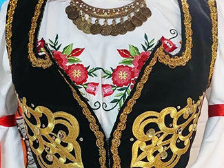 Woman&rsquo;s black vest with elaborate gold embroidery over a white blouse with pink flower embroidery with green leaves