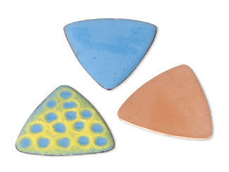 3 guitar pick-shaped enameled metal pieces in powder blue, terracotta, and yellow green with debossed blue dots. 