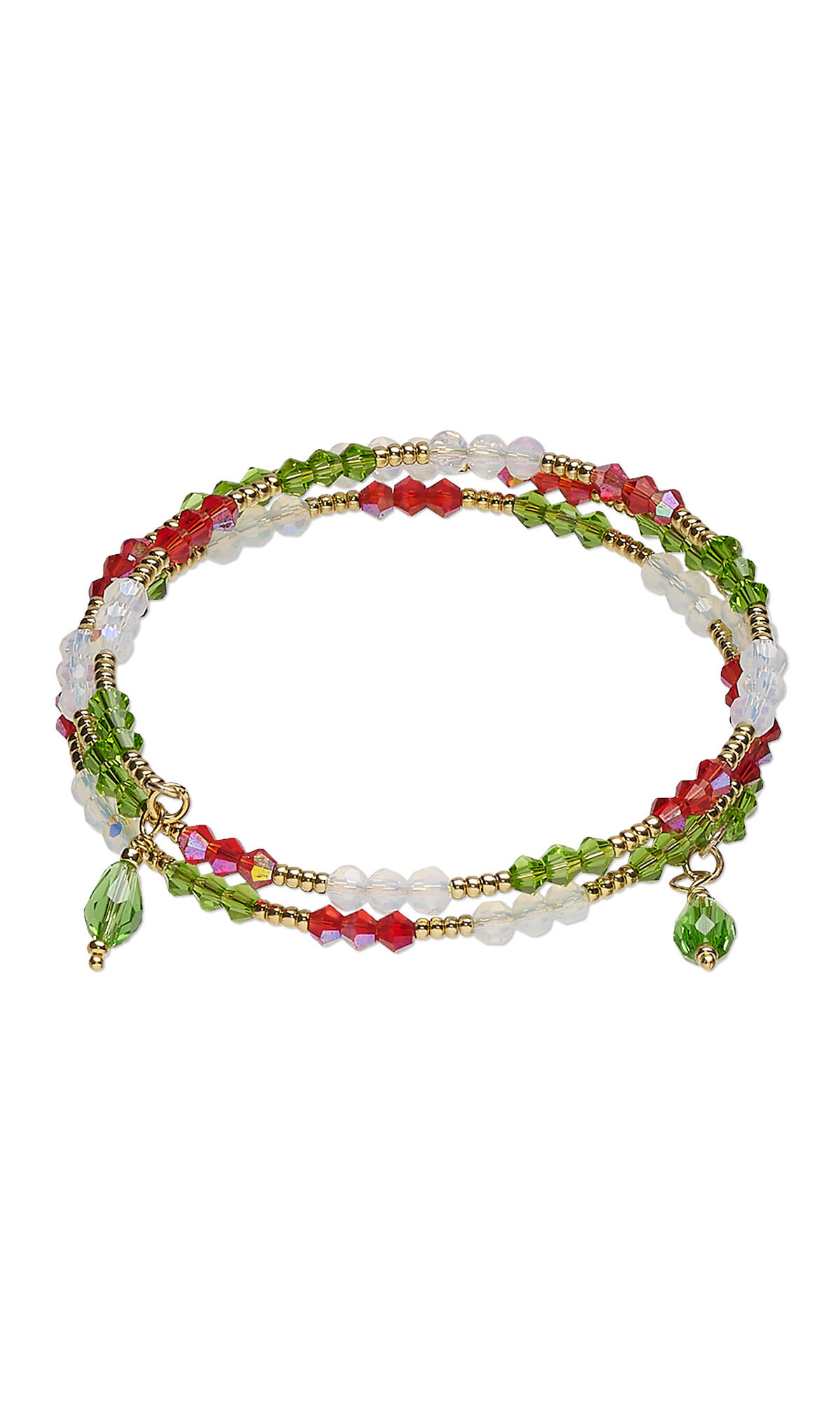 bracelet made with green, red and white crystals and gold beads