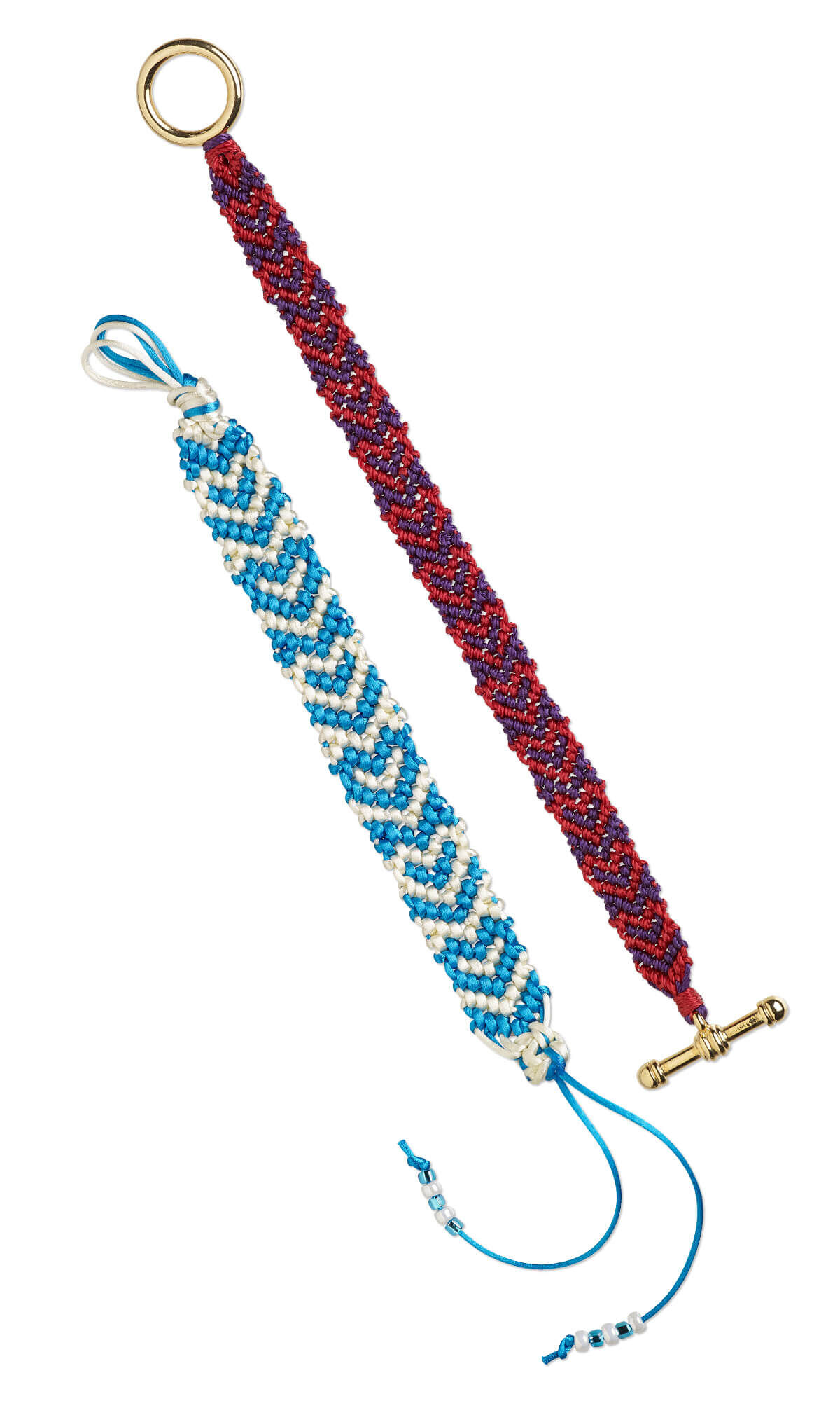 A blue and white friendship bracelet and a red and purple bracelet