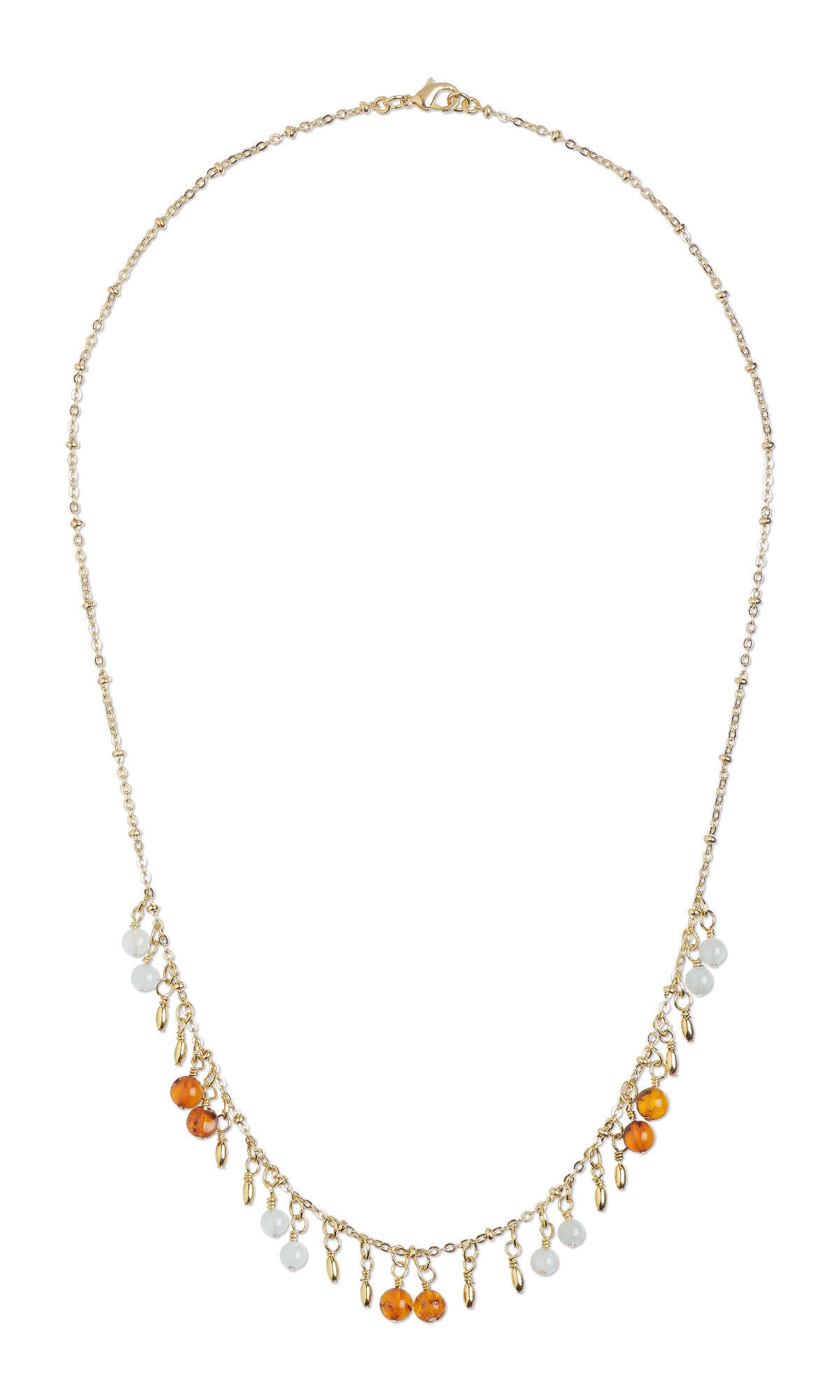 Design Idea S D 3 H &ndash; 1-strand gemstone multi-drop necklace made with amber and aquamarine gemstone beads, gold-plated beads and gold-finished chain