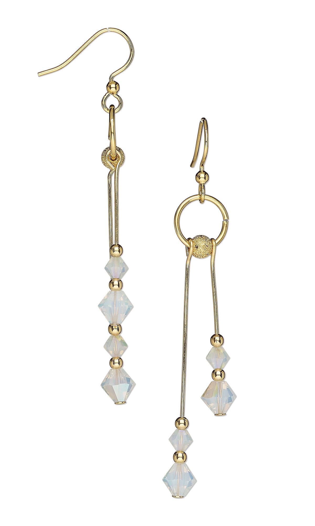 Design Idea S J 2 6: Fishhook earrings each hold a large gold-plated jump ring. Hanging from the jump ring are two golden drops with two tiny opalescent bicone beads at the bottom. The two drops are not the same length.