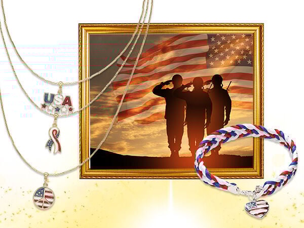 Design idea M G 2 9, Three-Piece Necklace Set, red white and blue charms, design idea R F 2 H, red white and blue bracelet with u.s. flag heart charm, golden picture frame with u.s. flag and three soldier