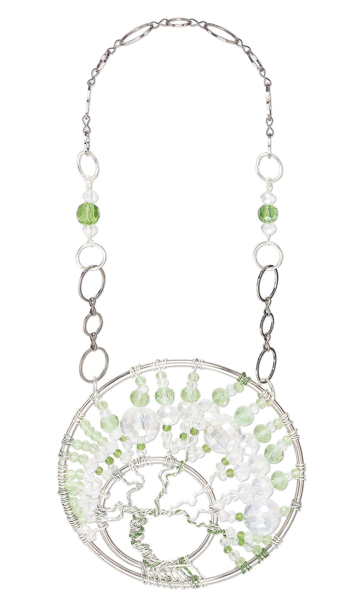 Design Idea S B 2 A &ndash; Suncatcher features layered wire hoops wrapped with green and clear crystals, suspended from a chain with circular copper links.