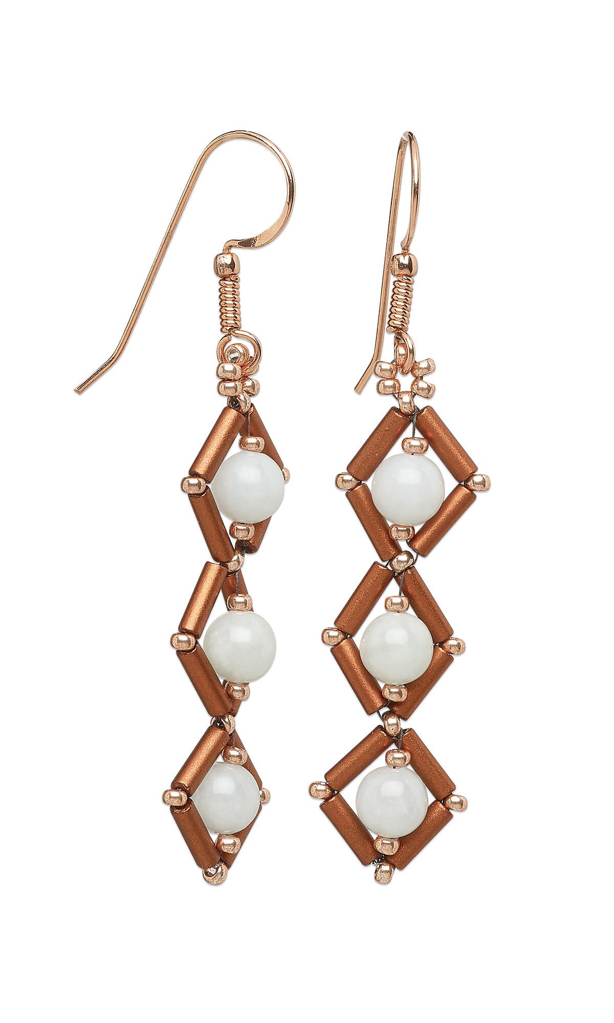 Design Idea R H 2 9 - Copper-toned fishhook ear wires each have three descending diamond shapes formed of coppery bugle beads, with a white gemstone in the center of each diamond.