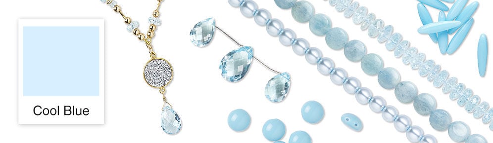 Color swatch, necklace and assorted beads in the Cool Blue hue.