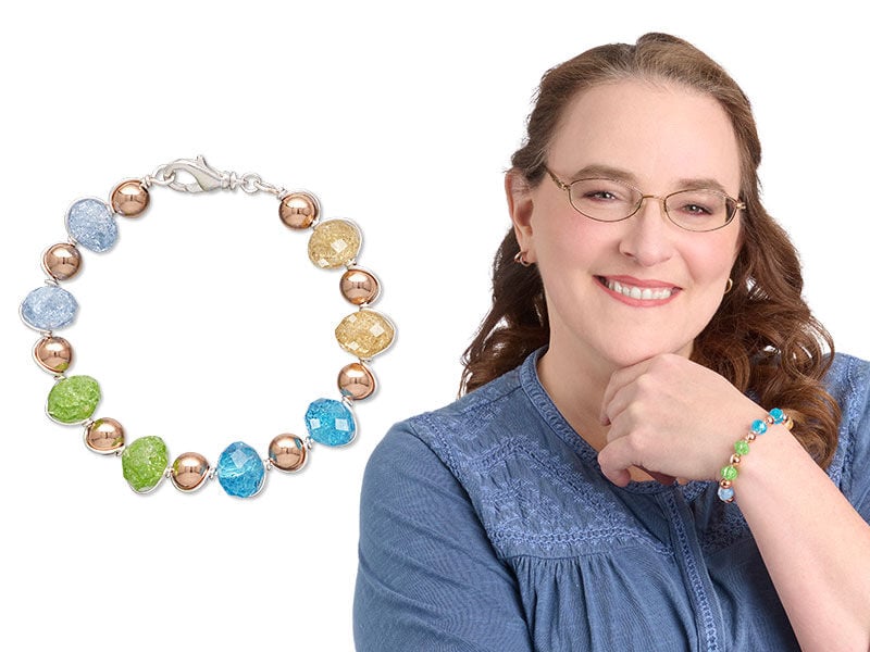 Model wearing bracelet made with a lobster claw clasp