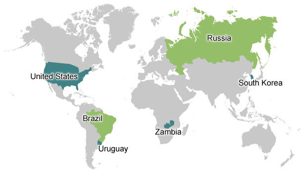 United States, Brazil, Uruguay, Zambia, Russia, South Korea