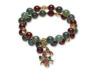 An image of a memory wire bracelet that is christmas themed made with moss agate