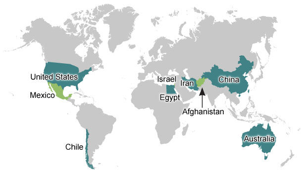 United States, Mexico, Chile, Egypt, Israel, Iran, Afghanistan, China, Australia