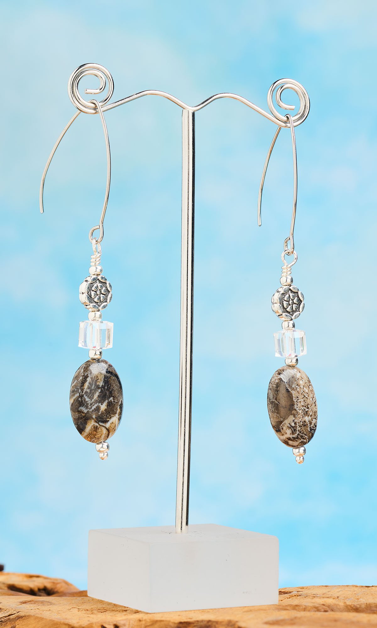 Earrings on display stand