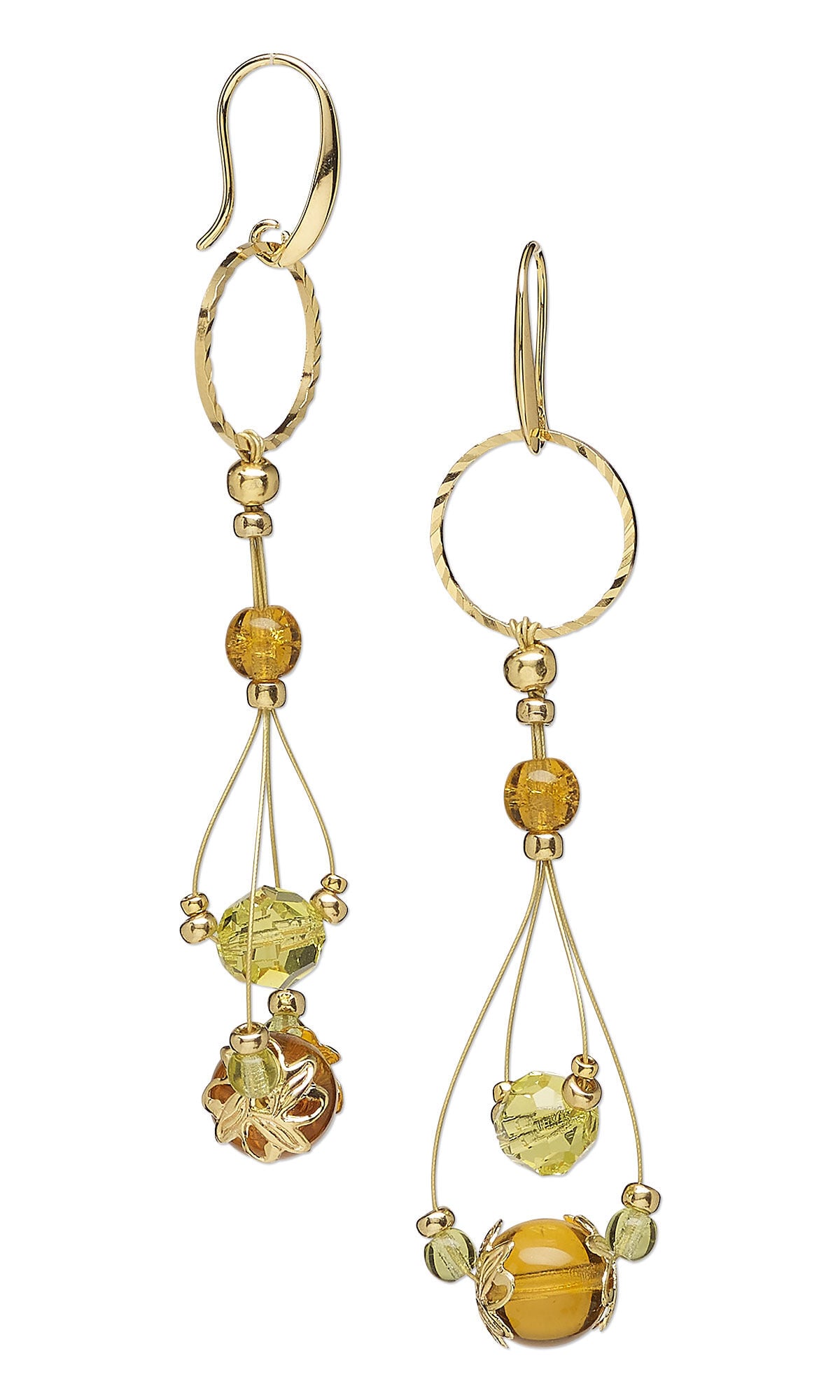 Design Idea S F 2 R &ndash; Each earring has a textured open round component at the top. Beneath it are four beads in a vertical strand &ndash; three gold-plated and one amber-hued crystal bead. Underneath that are two loops of beading wire with five beads on each &ndash; gold-plated, green and amber-hued.