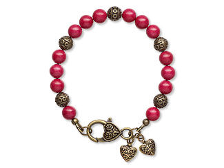 An image of a beaded bracelet with dyed red howlite beads