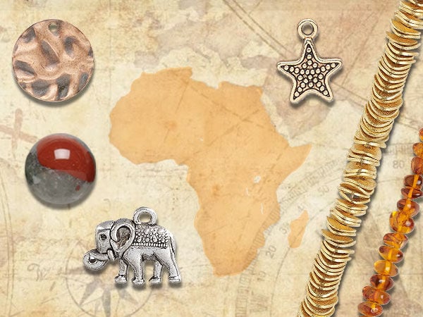 Beige background has a word map showing Africa is a bright peachy color. African-themed charms surround the map of Africa.