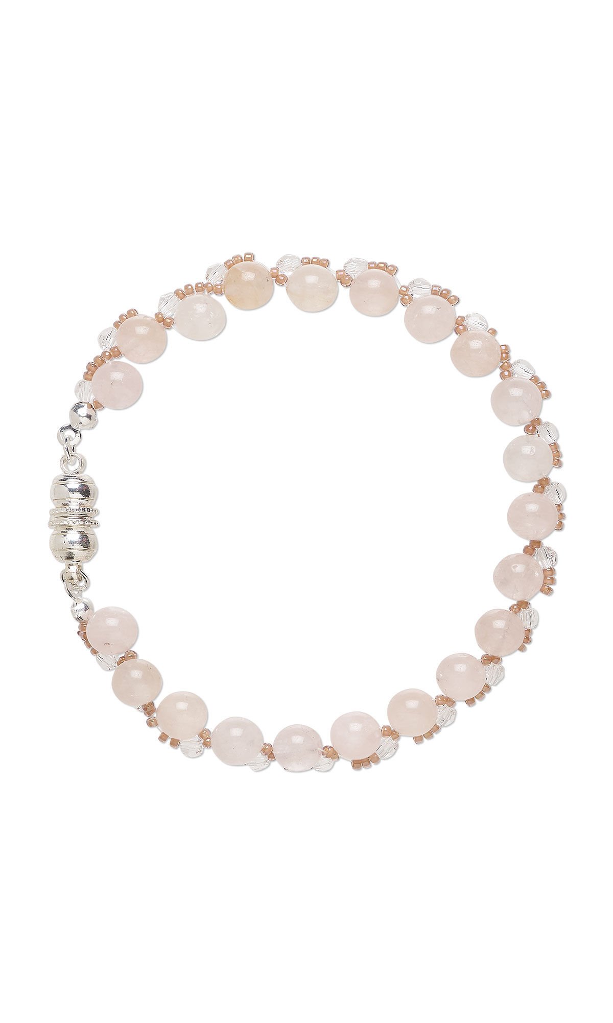 Design Idea R J 3 A - Pink gemstone beaded bracelet has tiny clear crystals and pink seed beads looping around each gemstone bead.
