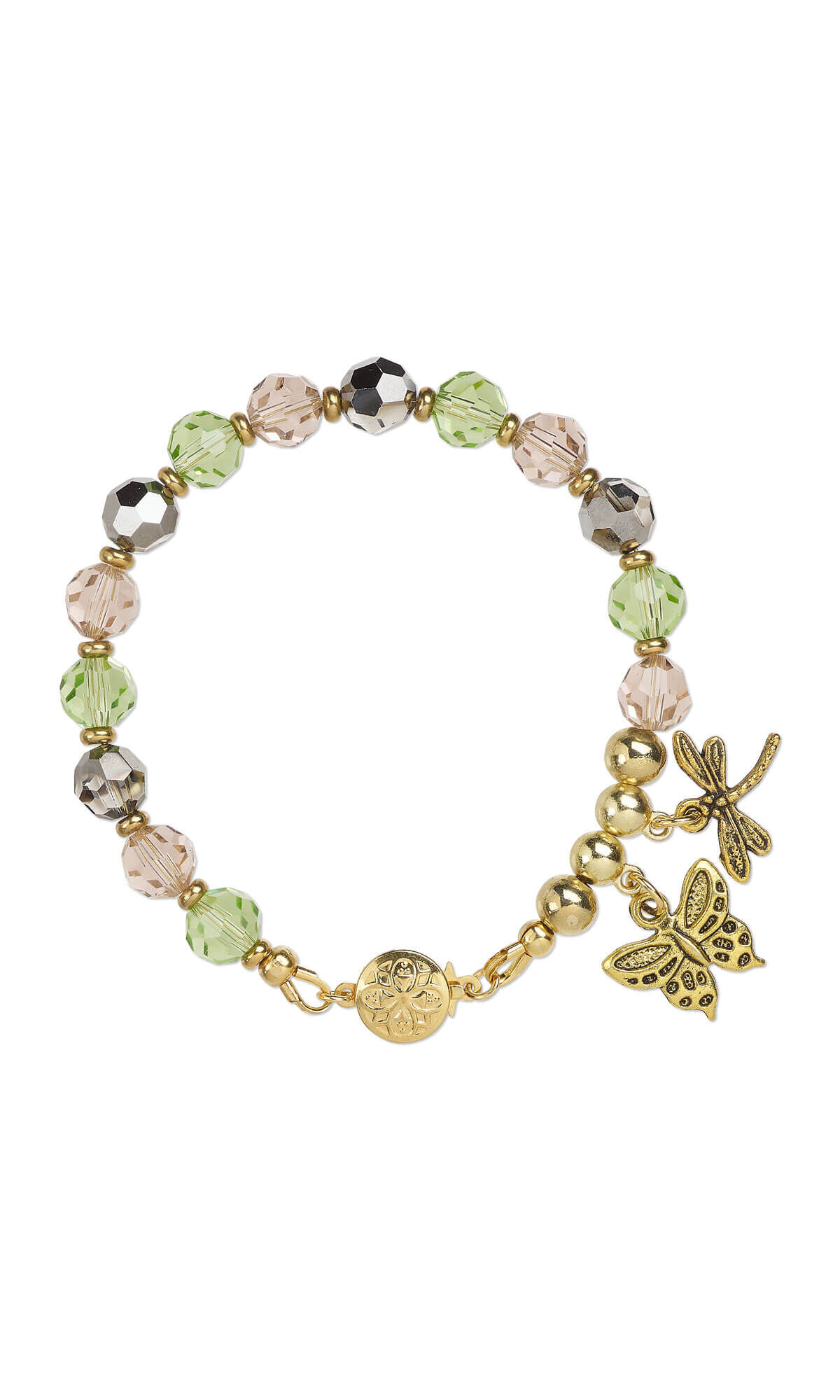 Bracelet with crystal beads and butterfly and dragonfly charms