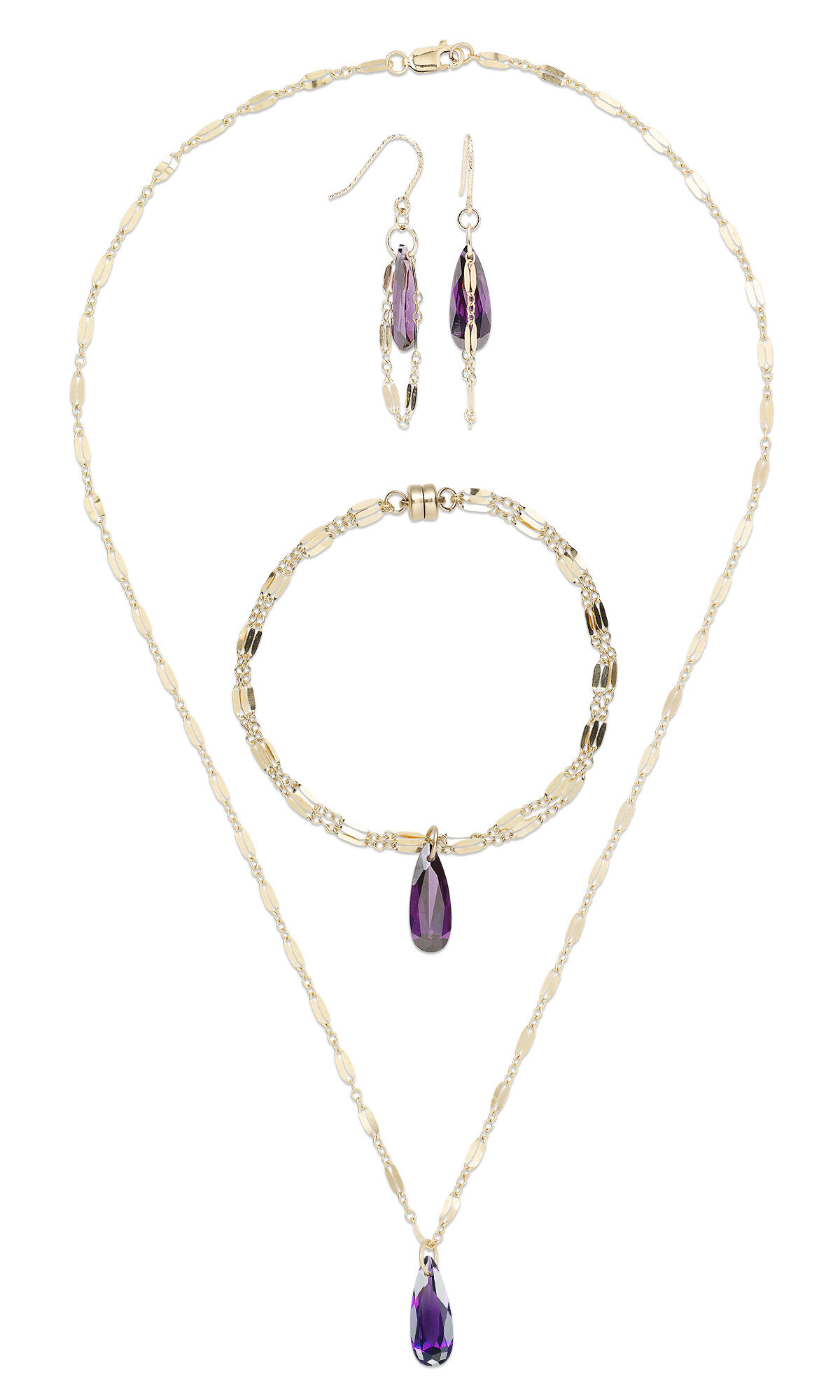 Design Idea R C 3 8 Single-Strand Necklace, Bracelet and Earring Set with gold-filled chain and purple cubic zirconia drops
