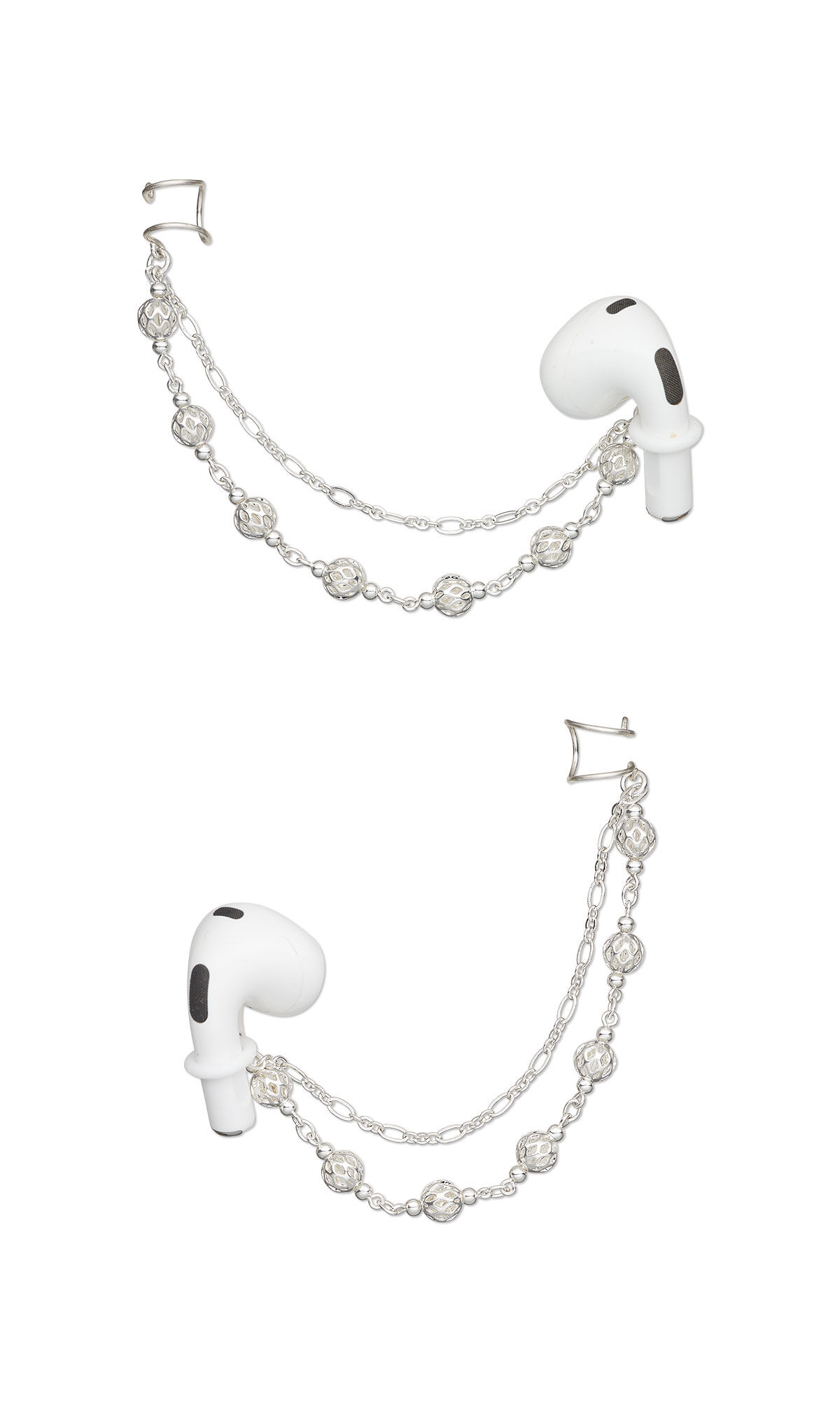 Design Idea S B 2 V - Two lengths of silver-plated chain&mdash;one plain and one beaded&mdash;dangle from ear cuffs, culminating in a silicone ring to attach to an ear bud.