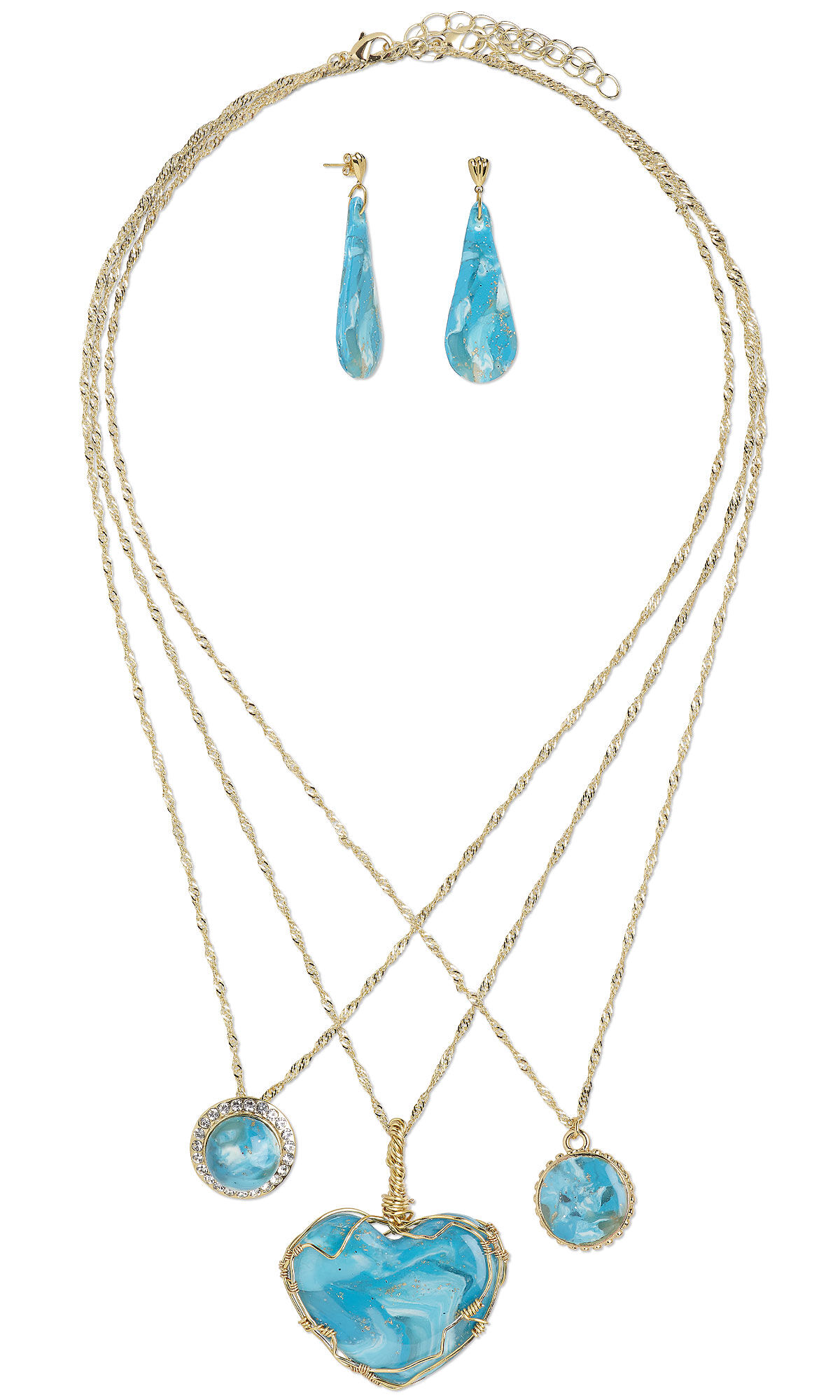 Design Idea R E 3 U three piece Necklace set with Mottled turquoise sculpey clay and wire work pendants and gold finished chain