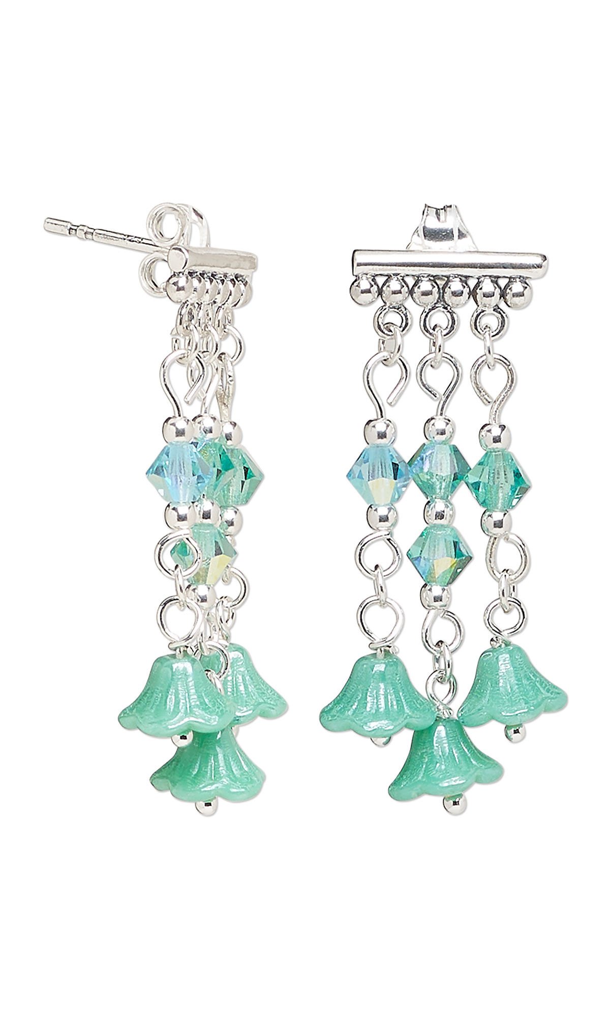 Design Idea R K 2 G - Earrings have a horizontal silver bar at the top. Three dangles with aqua blue beads hang from the bar. Each dangle ends in an aqua blue flower bead.