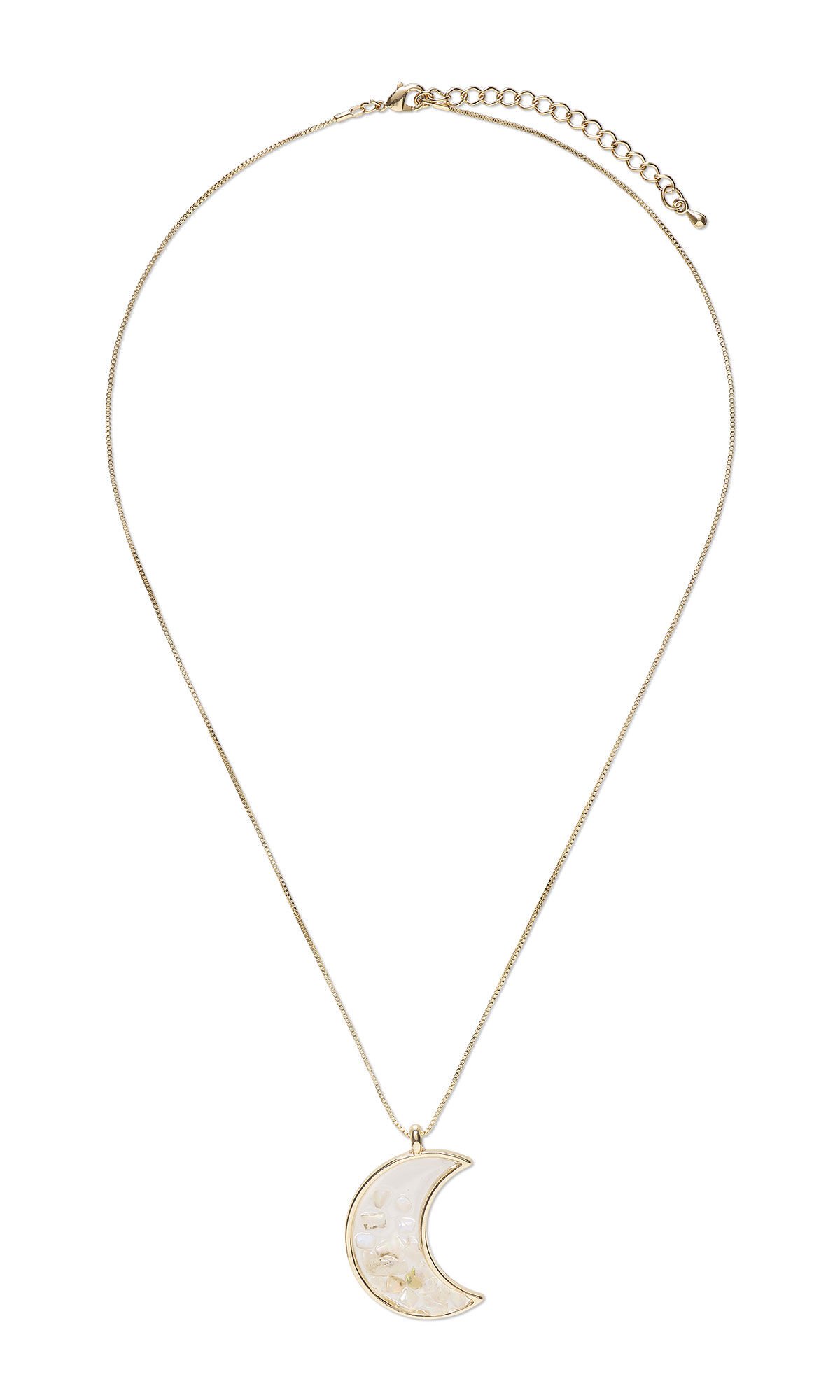 Design Idea R J 2 X - Simple gold chain necklace with an open gold crescent moon pendant filled with iridescent white Ethiopian opal chips