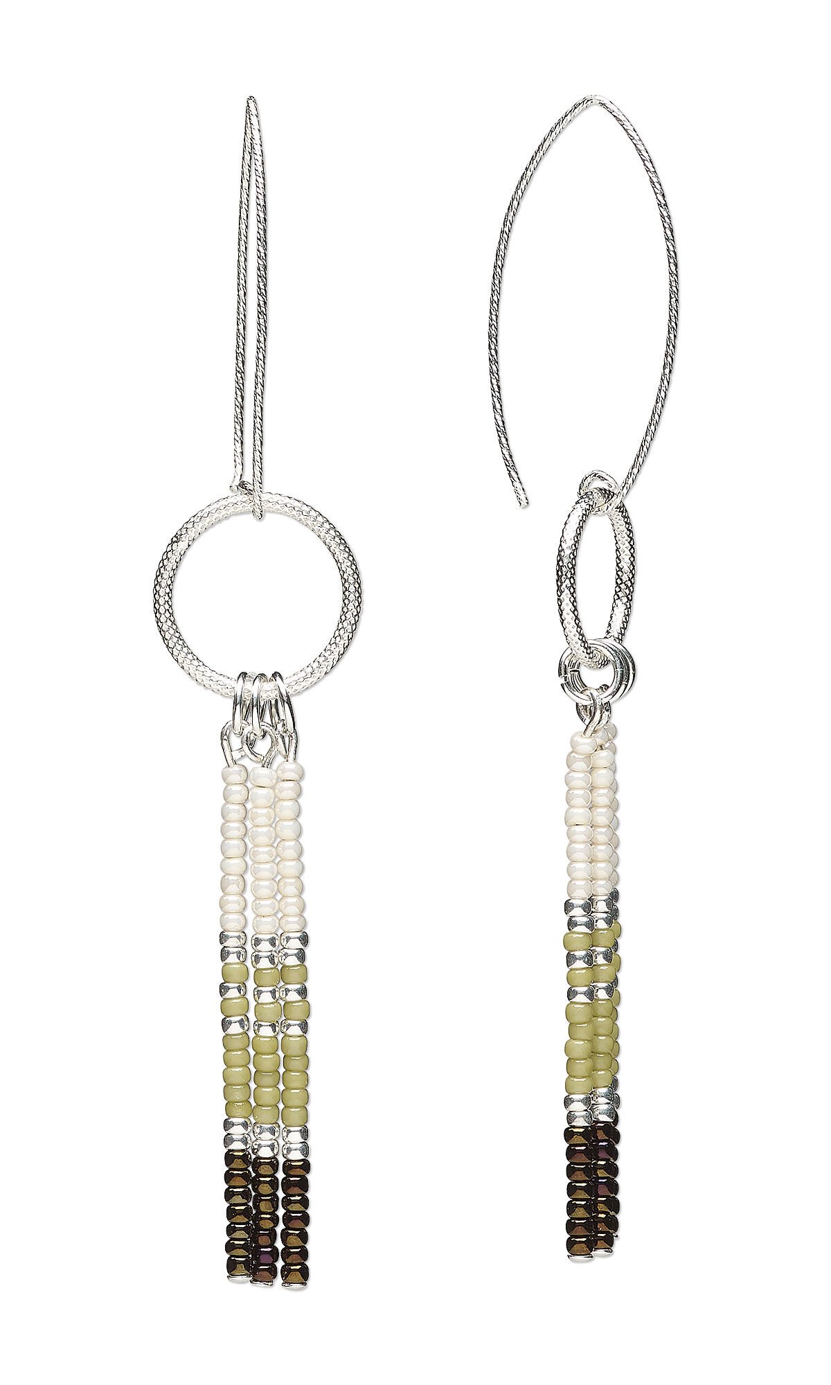 Design Idea S B 2 Z &ndash; Earrings each have a sterling silver marquise ear wire with a large silver jump ring hanging from it. Three strands of seed beads hang from the jump ring, pink at the top, sage green in the middle, and olive green at the bottom.