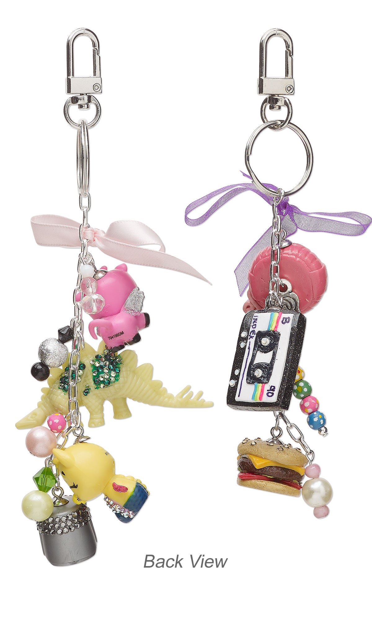 Back View of Design Idea S G 2 M &ndash; Two purse charms featuring nostalgic dangles including polymer clay cassette tape, cheeseburger and bubblegum, brightly colored beads and small, colorful toys. Each purse charm has a ribbon bow at the top.