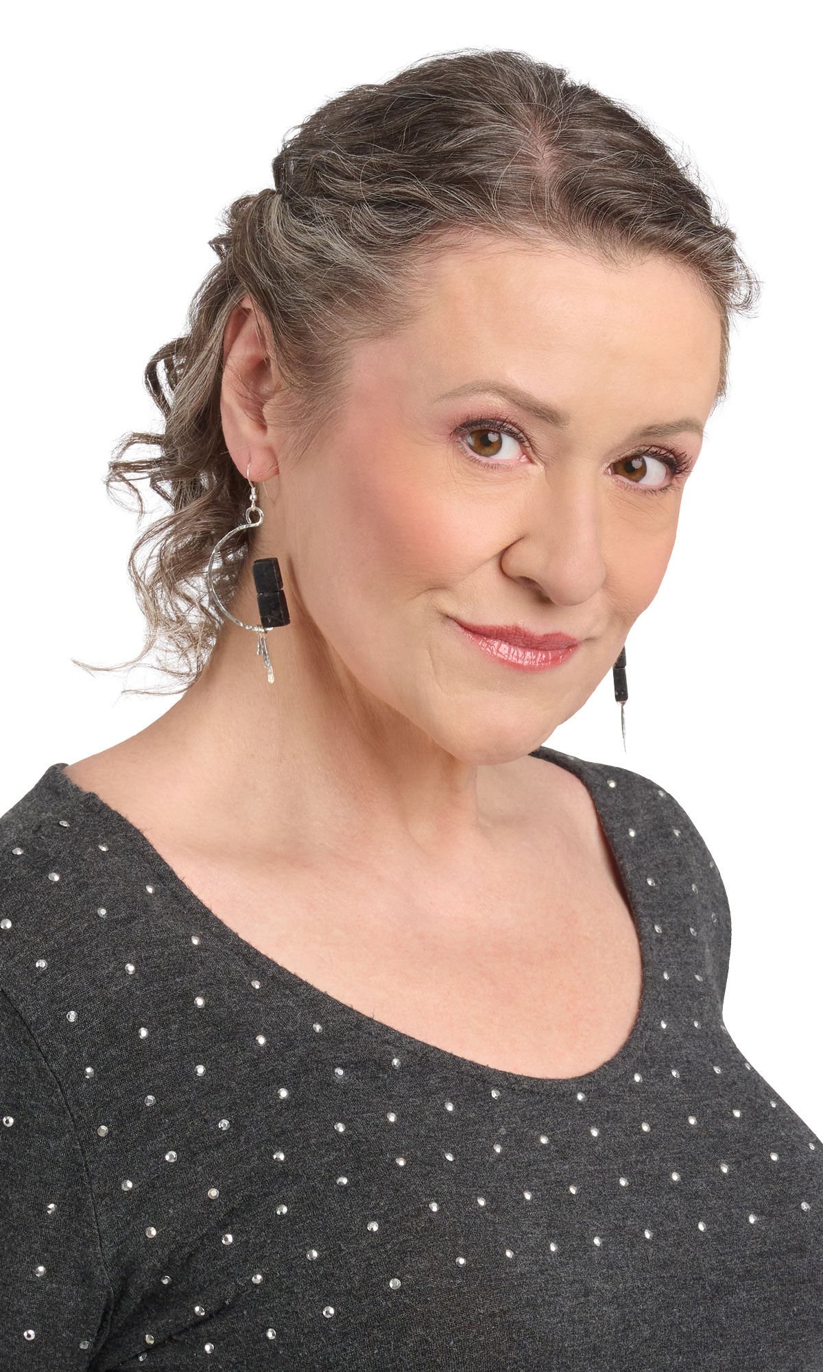 Model wearing Design Idea R G 2 U - hammered silver earrings shaped like a half circle with three smaller hammered wires dangling from the bottom and two dark rectangular beads sitting atop the bottom of the curve.