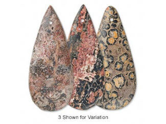 Three teardrop-shaped leopardskin jasper pendants have different patterns in shades of brown, brick red, cream, black and peach.