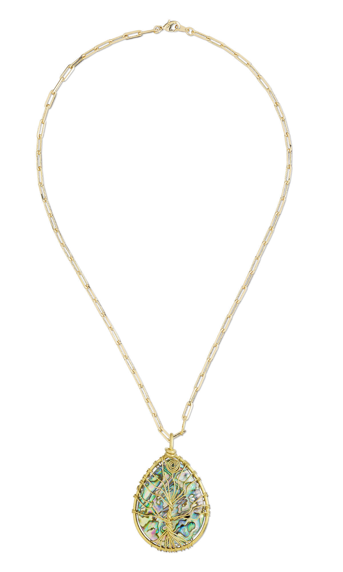 Chain necklace with large wire-wrapped abalone shell pendant