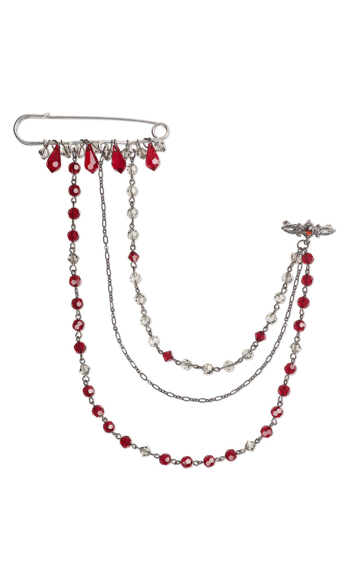 Design Idea R M 2 B - Large kilt pin holds two strands of red and grey crystal beads and one gunmetal-plated chain strand. The other ends of the strands are attached to a sparkling bar brooch.