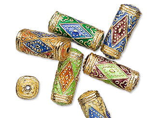 cloisonn&eacute; tube beads with orange, blue, burgundy and green designs