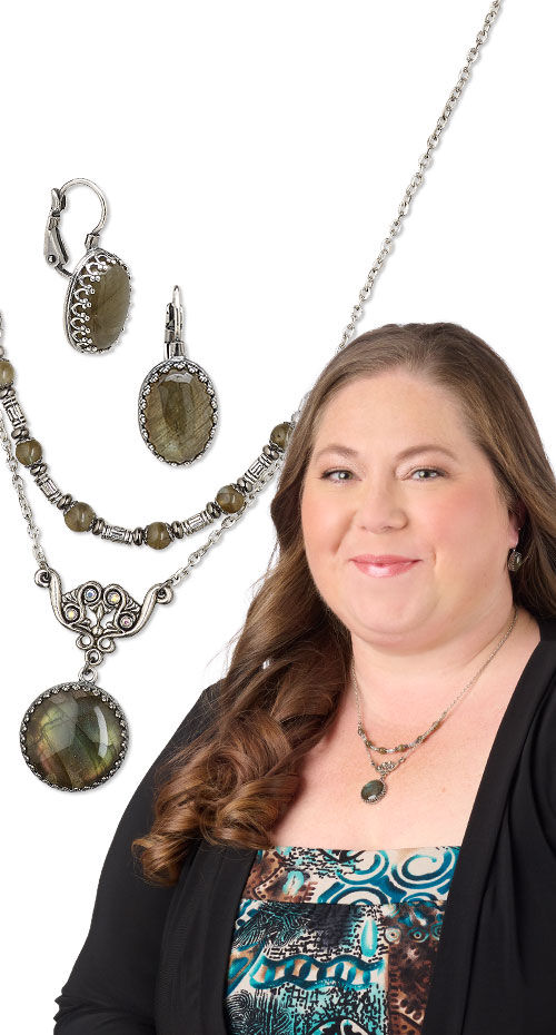 Model wearing a design created with cabochons 