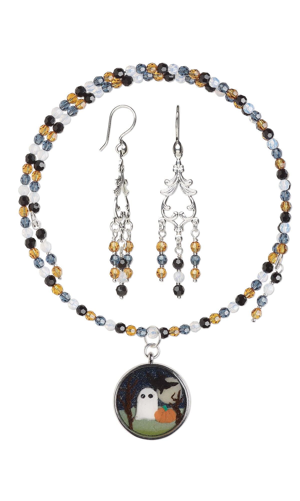 Design Idea S K 2 3 &ndash; Necklace of black, white, orange and purple crystal beads has a round pendant with a ghost and pumpkin on it with a black background. Matching earrings have dangles of crystal beads.