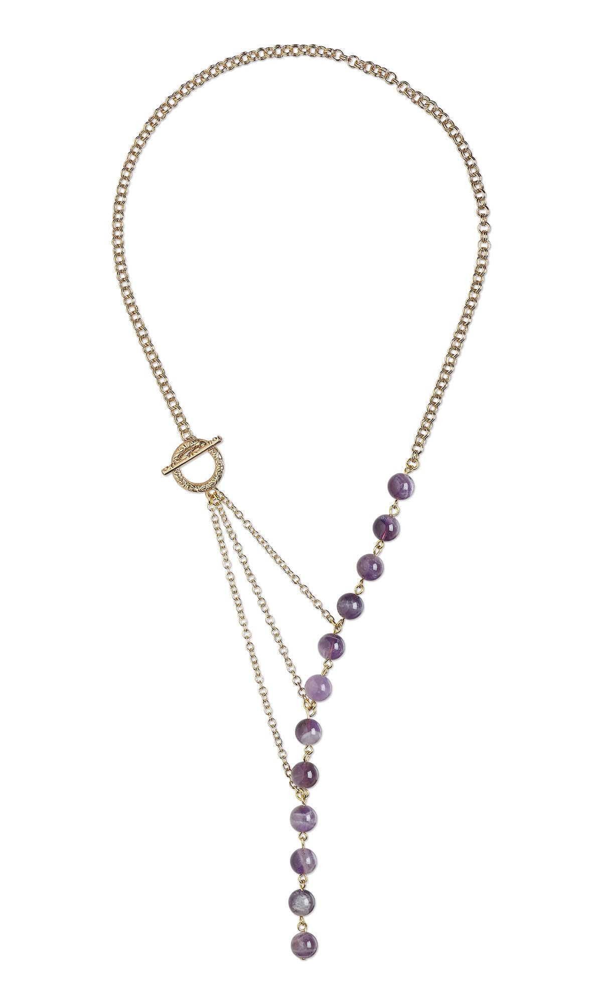Design Idea R G 2 E - Silver chain necklace ends with a long strand of purple amethyst gemstone beads on one side. Three strands of chain connect a circle component to the beads on the other side.
