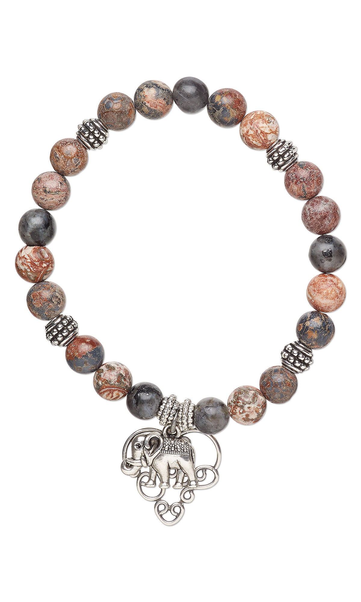 Bracelet with brown and tan gemstone beads and a heart-shaped charm